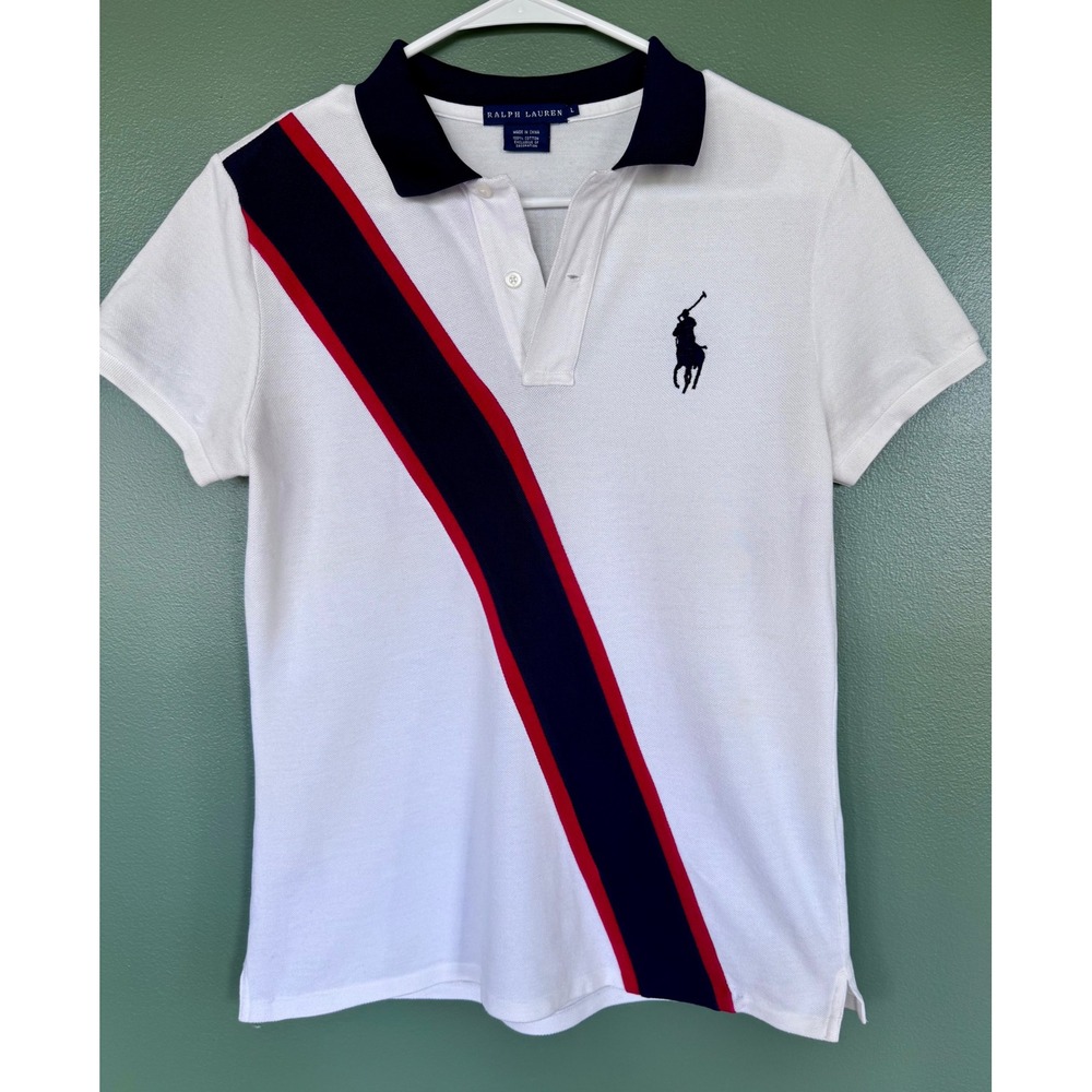 Ralph Lauren Kids White Polo Shirt Navy Red Diagonal Stripe Big Pony Size L